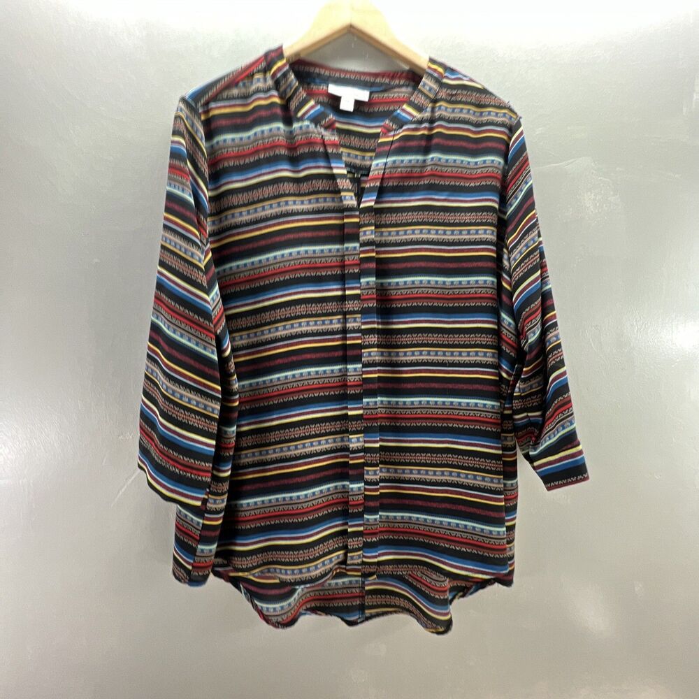 Dana Buchman Women's Size XL Multicolor Striped Blouse Top 3/4 Sleeve V Neck